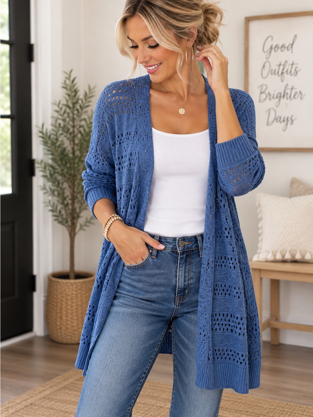 IT XL Blue Open Knit Pointelle Oversized Cardigan Sweater